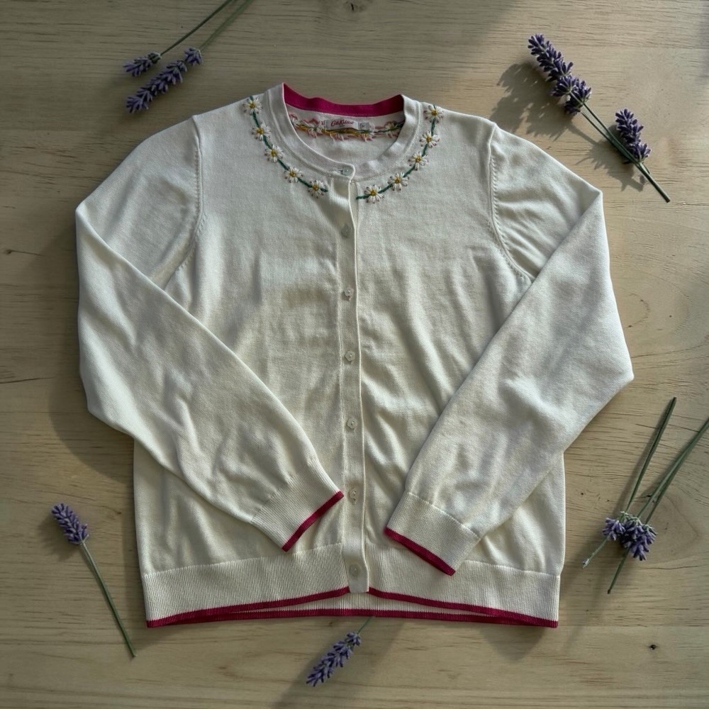 Cath Kidston White Cream Embroidered Daisy Cardigan Sweater Cotton Womens M